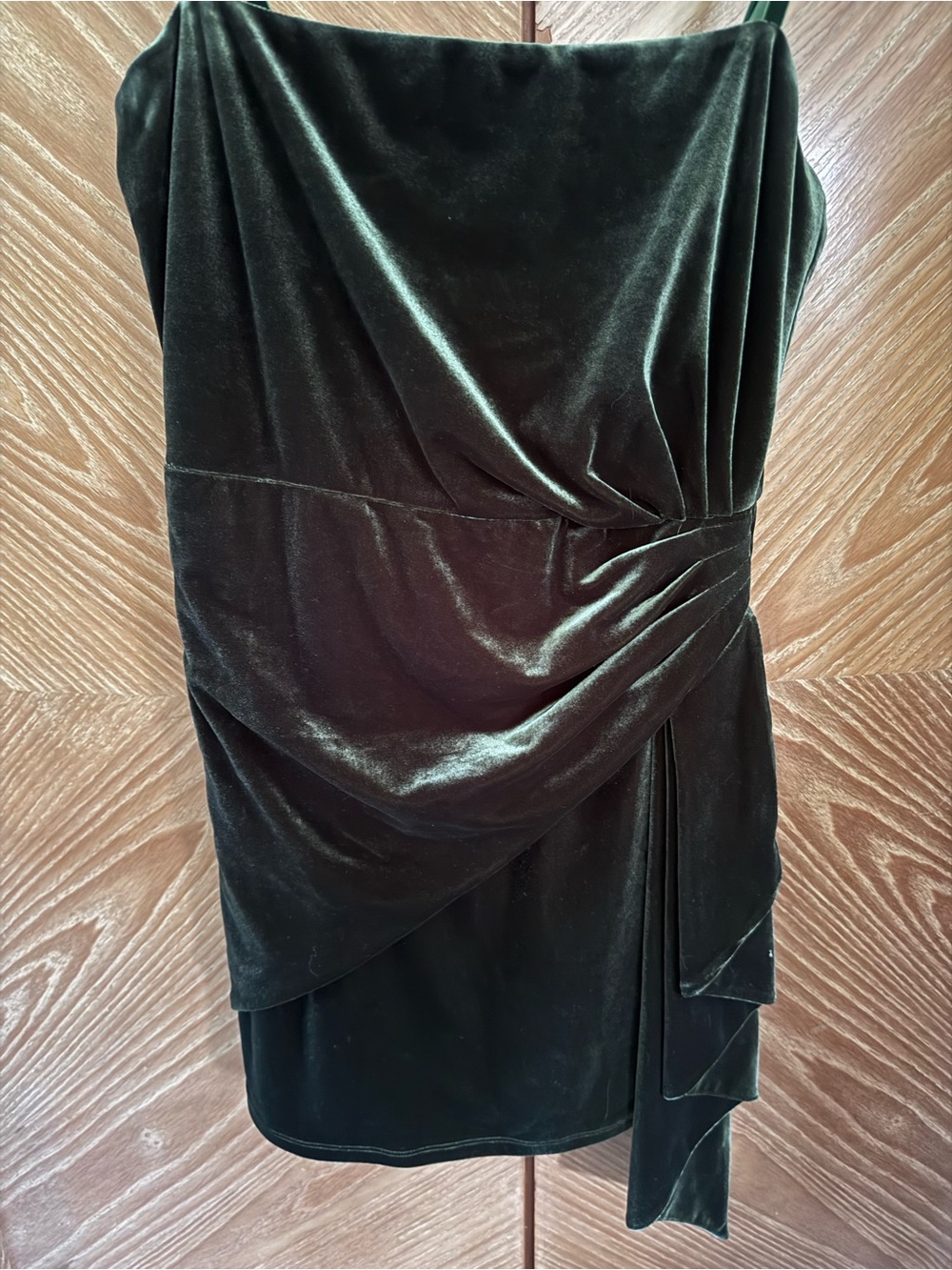 MAJORELLE One-Shoulder Velvet Draped Mini Dress in Deep Green